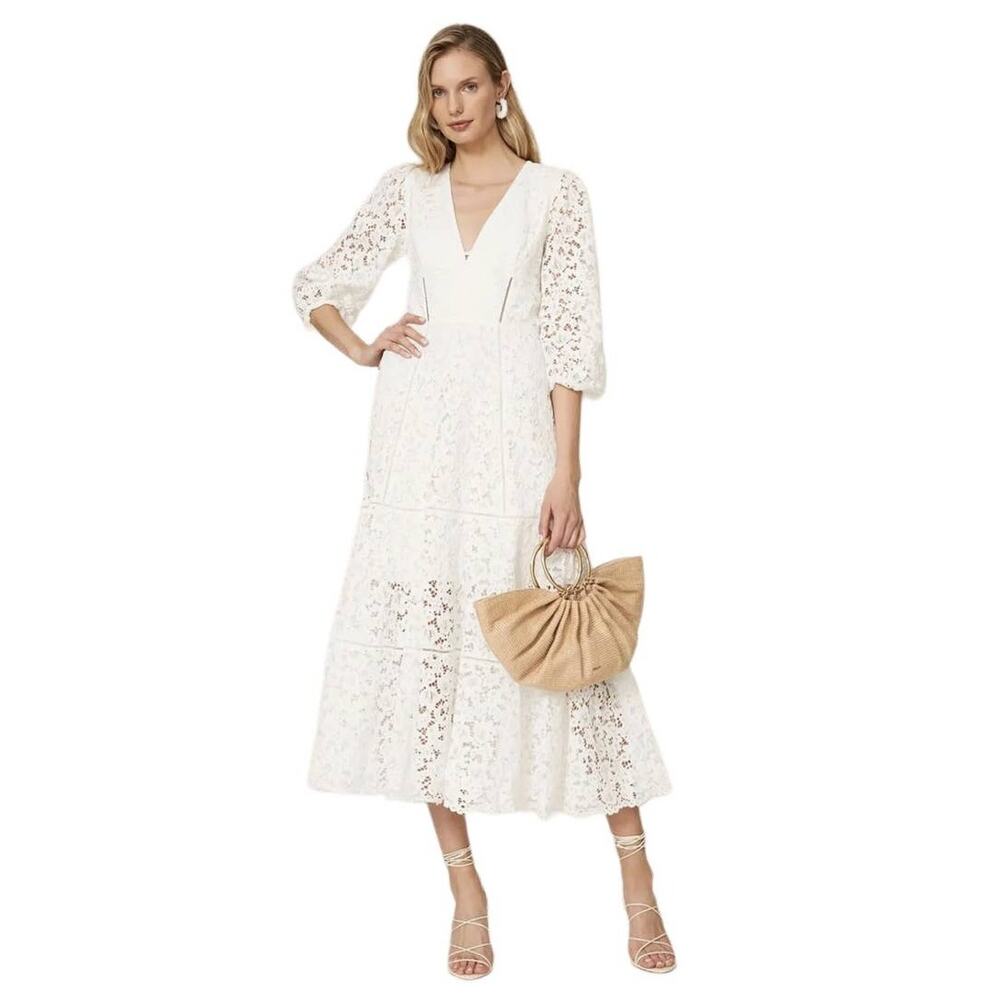 Jonathan Simkhai White Puff Sleeve V-Neck Intricate Lace Midi Dress Size 2